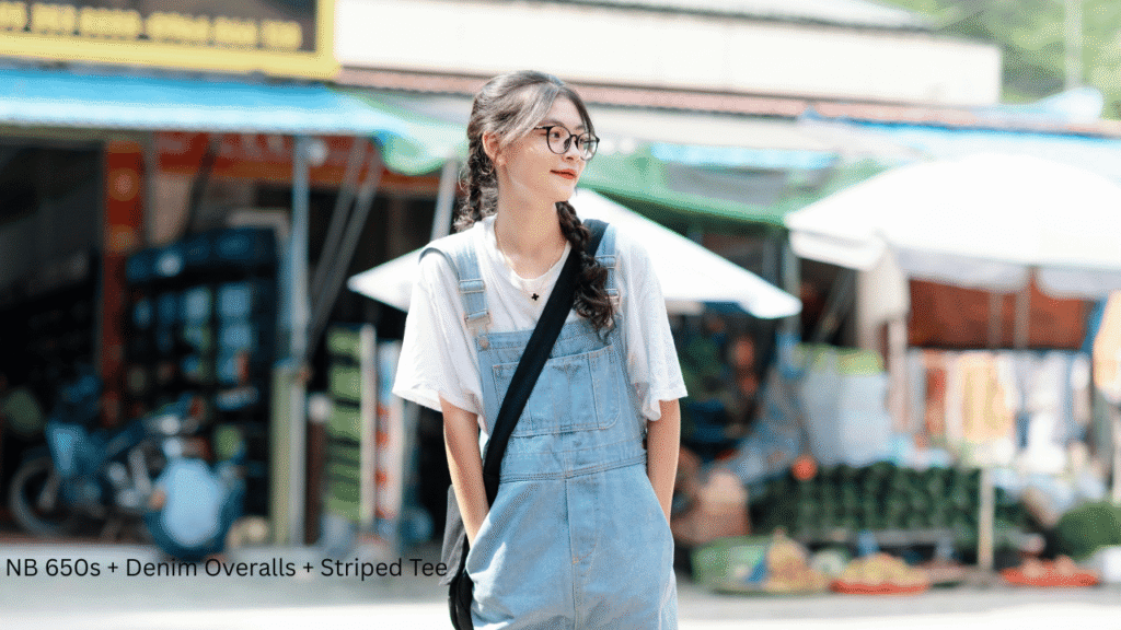 NB 650s + Denim Overalls + Striped Tee